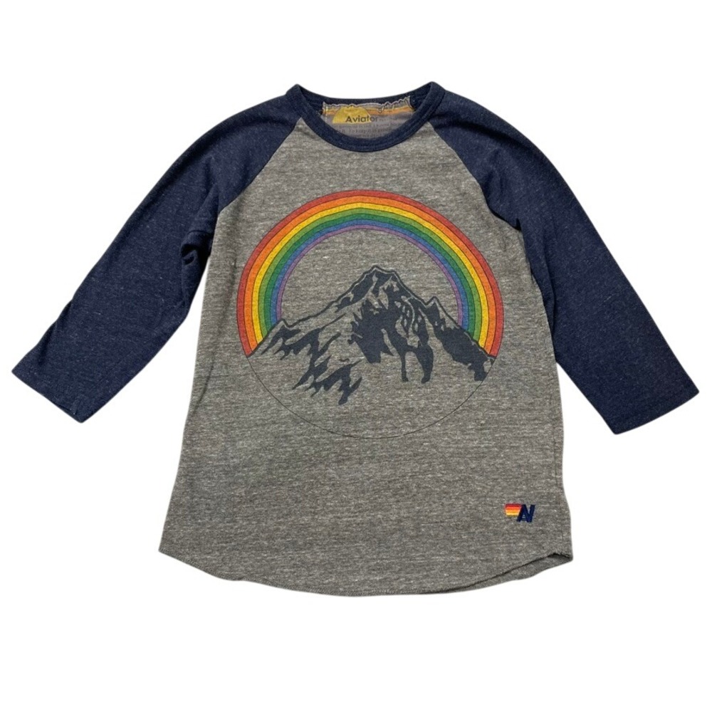 Aviator Nation Raglan Tee Unisex 8 Kids Gray Navy Rainbow Mountain Graphic USA - Picture 1 of 8